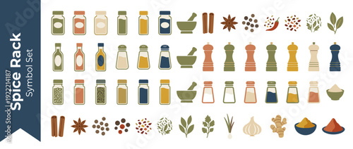 Flat Design Spice Rack and Seasoning Icon Set Featuring 40 Culinary Symbols Including Jars, Shakers, Mortar and Pestle, Herbs, Cinnamon, Garlic, and Ginger in a Muted Editorial Color Palette