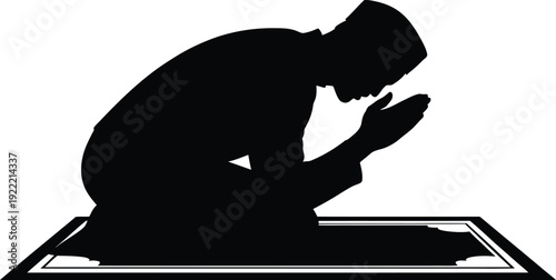 Silhouette muslim man kneeling in prayer position on prayer mat male figure in traditional islamic attire performing salah