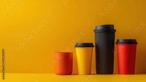 Three reusable coffee cups in varying sizes and colors arranged on a bright yellow surface against a vibrant orange background