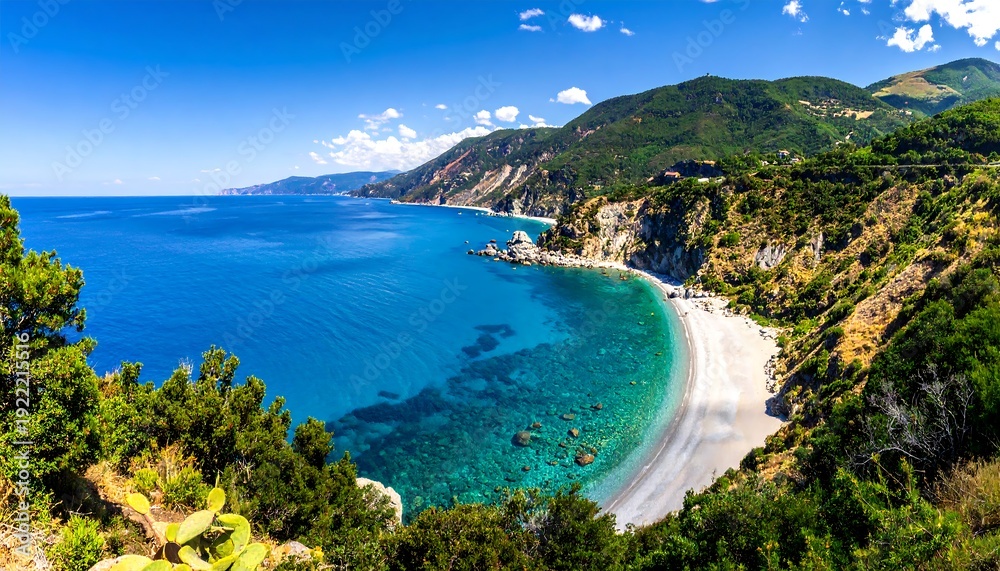 Obraz premium A serene beach nestled among lush green mountains and crystal clear waters