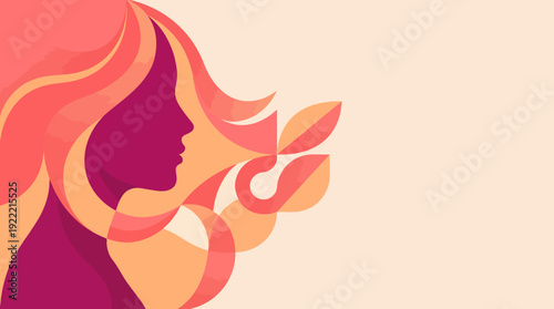 Abstract vector illustration of a female silhouette with flowing hair and leaf motifs in warm pink tones