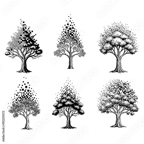 Digital Pixel Dispersion Tree Silhouette Vector Illustration Set