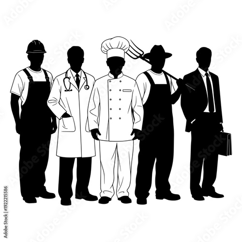Group Of Diverse Professionals And Essential Workers Silhouette Vector Illustration