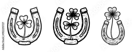Vintage Horseshoe And Shamrock Lucky Symbol Line Art Vector Set