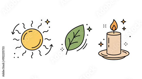 Sunny sun, green leaf, and lit candle illustration representing nature, sustainability, calm energy, and wellness