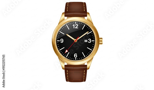 Luxury Black and Gold Wristwatch Vector Illustration with Brown Leather Strap