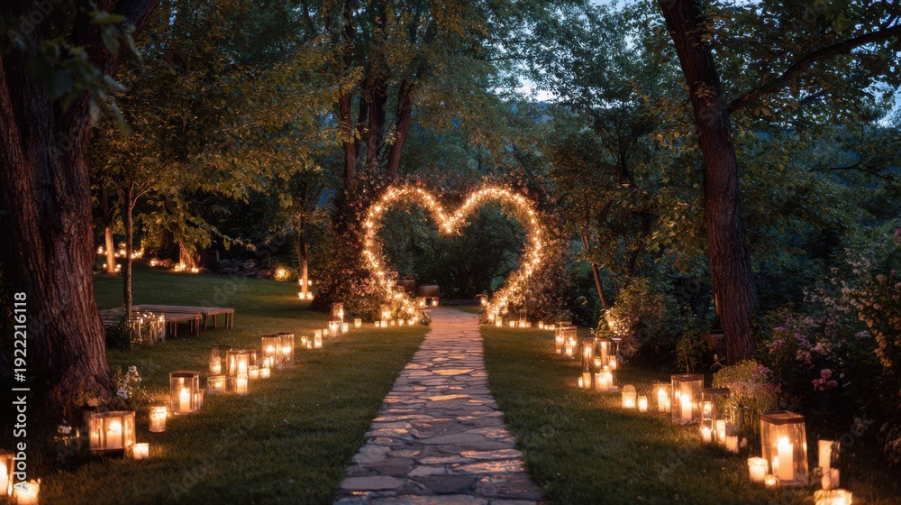 Obraz premium Romantic Heart Archway with Candlelit Pathway in Garden