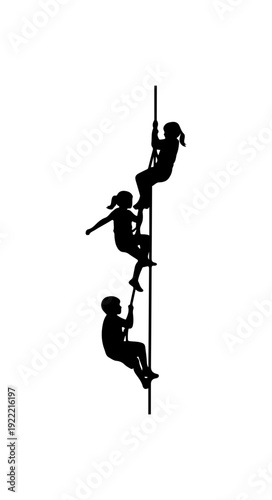 Three climbers ascending rope in silhouette