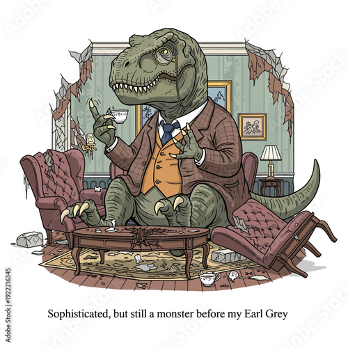 Sophisticated T-Rex Drinking Earl Grey Tea Funny Dinosaur Gentleman Vector