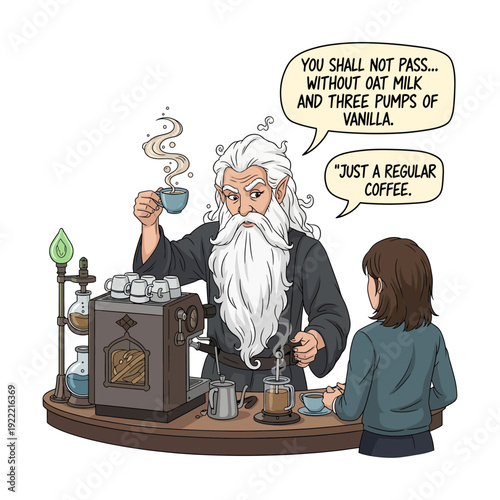 Funny Wizard Barista Serving Coffee Fantasy Humor Vector Illustration