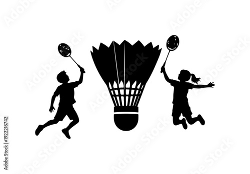 Dynamic badminton players in action with shuttlecock between them