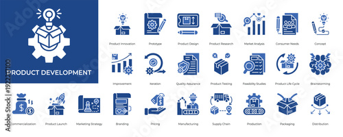 Product Development Icon set Collection in Glyph Two Color Style. innovation, prototype, design, research, analysis, consumer