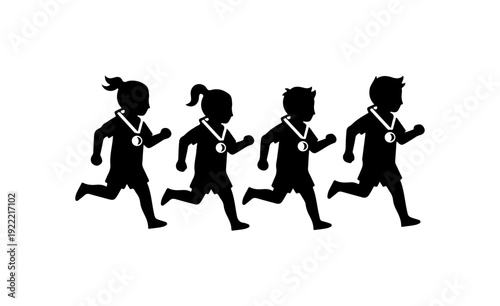 Set of 4 running children silhouettes with medals vector