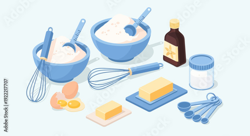 Isometric Baking Ingredients Arrangement for Cake Preparation.