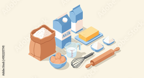 Isometric Baking Ingredients Flour Milk Butter Eggs and Tools.
