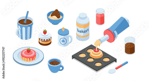 Isometric Baking Scene with Desserts and Drinks.