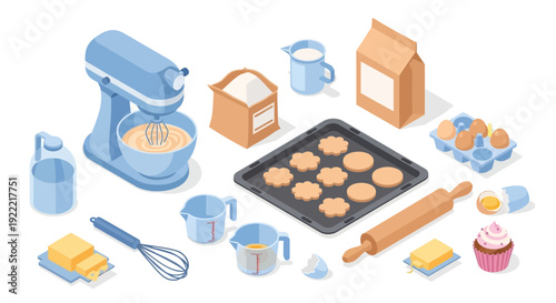 Isometric Baking Scene with Mixer Ingredients and Cookies.