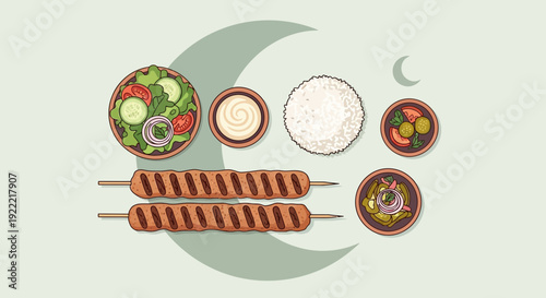 Ramadan Iftar Meal Skewers Salad Rice and Dips Illustration.
