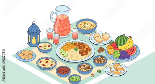 Ramadan Iftar Table Illustration with Traditional Middle Eastern Food.