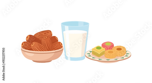 Traditional Ramadan Iftar Meal Dates Milk and Sweets Illustration.