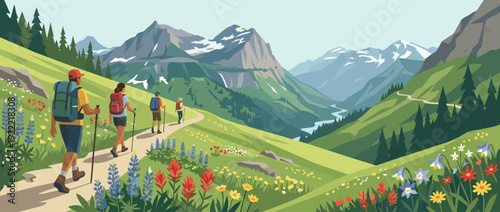 Scenic flat vector illustration of hikers trekking on a mountain path through alpine meadows with wildflowers, snow-capped peaks, and a valley view, perfect for outdoor adventure and travel themes.