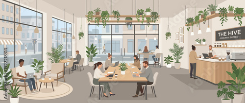 Flat vector illustration of a modern coworking cafe with people working on laptops, lush indoor plants, large windows with city view, barista at coffee counter, and stylish furniture design.