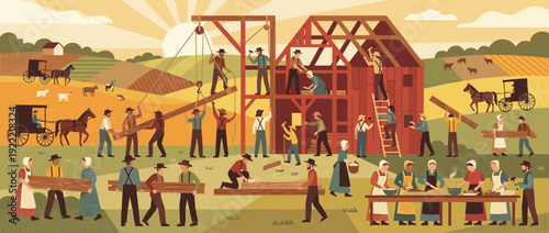 Traditional Amish barn raising flat vector illustration of a community working together to build a red barn in a rural landscape with horse-drawn buggies, farm animals, and communal food prep.