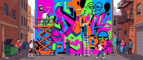 Vibrant flat vector illustration of street artists creating a colorful graffiti mural in an urban alleyway using a scissor lift and ladders, featuring pedestrians and a busy city life scene.