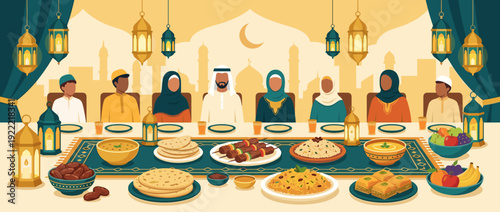 Flat Vector Illustration of a Muslim Family and Friends Gathering for a Ramadan Iftar Dinner with Traditional Halal Food, Glowing Lanterns, Crescent Moon, and Mosque Silhouette Background