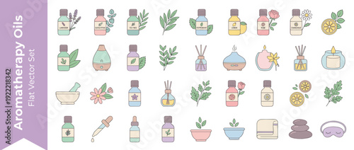 Vector Icon Set of 30 Essential Oil and Aromatherapy Items in Flat Design with Soft Pastel Colors. Includes Lavender, Eucalyptus, Tea Tree, Peppermint, Lemon, Rose, Chamomile, Diffusers, and Spa