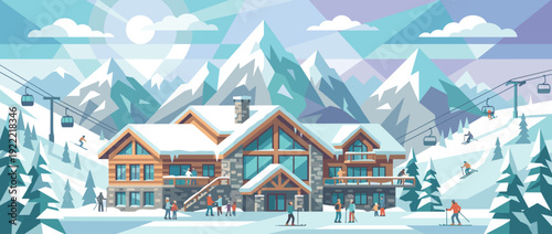 Flat vector illustration of a cozy mountain ski resort lodge nestled among snowy peaks. People skiing and snowboarding on slopes with chairlifts and gondolas under a bright winter sun and sky.