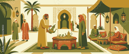 Traditional Moroccan mint tea ceremony flat vector illustration featuring people in ethnic clothing gathering in a courtyard with palm trees, lanterns, and Moorish arches for a social event.