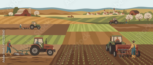 Flat Vector Illustration of Spring Farming Activities with Farmers Plowing and Seeding Fields Using Tractors in a Picturesque Rural Landscape with Barns, Houses, and Rolling Hills Countryside.