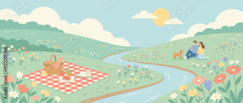 Flat Vector Illustration of a Peaceful Spring Picnic Scene in a Lush Green Meadow with Wildflowers, a Checkered Blanket, Picnic Basket, Fruit, and a Couple with Their Dog by a Winding River.