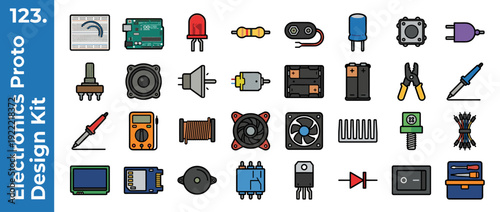 Electronics Prototyping and Breadboard Vector Icon Set Featuring 28 Flat Design Components Like Arduino, Resistor, LED, Multimeter, Soldering Iron, Batteries, Motors, and Engineering Tools.
