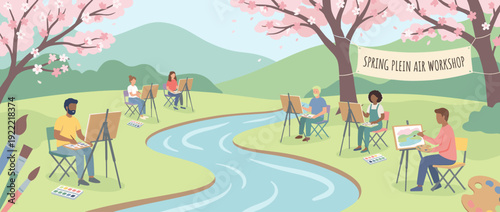Spring Plein Air Workshop with Diverse People Painting Landscapes on Easels by a River under Cherry Blossom Trees. Outdoor Watercolor Art Class in Nature with Mountains and Blossoming Sakura.