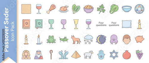 Passover Seder Icon Set with 32 Flat Design Symbols in Pastel Colors, Including Matzah, Wine, Seder Plate, Haggadah, Ten Plagues, Moses, Pharaoh, Pyramid, Star of David, and Traditional Jewish