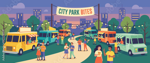 Vibrant flat vector illustration of a food truck festival in a city park at dusk with string lights, diverse people enjoying street food, and a city skyline background under a banner.