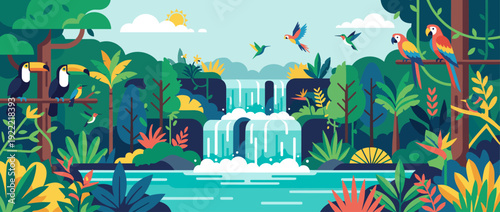 Flat Vector Illustration of a Tropical Waterfall in a Lush Rainforest with Exotic Birds like Toucans and Parrots, Vibrant Jungle Landscape with River, Plants, and Flowers under a Sunny Sky.