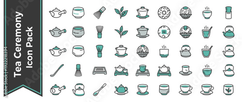 Vector icon set of 36 tea ceremony and tea varieties in flat design. Clean monochrome icons with teal accents featuring teapots, matcha whisks, tea bowls, leaves, and traditional brewing tools.