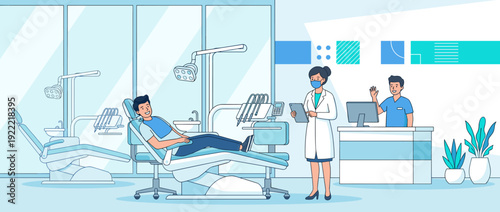 Modern dental clinic interior vector illustration with a patient in a chair, a female dentist with a mask and tablet, and a friendly male receptionist at the front desk in a professional office.