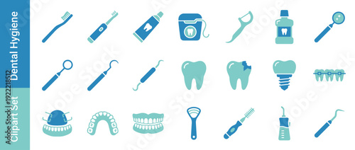 Vector Icon Set of 20 Dental Hygiene and Oral Care Items in Flat Design Duotone Style including Toothbrush, Toothpaste, Floss, Mouthwash, Braces, Implants, Dentures, and Professional Dentist Tools.