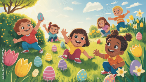 Children celebrate easter with colorful eggs and flowers in a sunny meadow on a joyful spring day