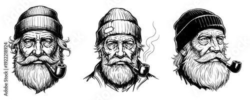 Old Sea Captain with Beard and Tobacco Pipe Set Hand Drawn Vector Illustration
