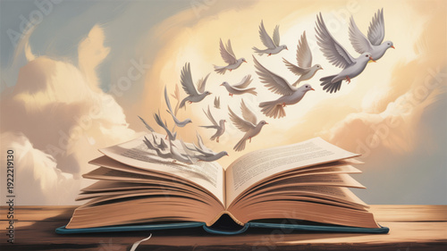 Open book with white doves flying out symbolizing freedom and knowledge on a wooden table with a cloudy sky background at sunset
