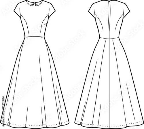 Women Cap Sleeve Midi Dress Technical Fashion Flat Sketch with Fitted Bodice and Flared Skirt Front and Back View