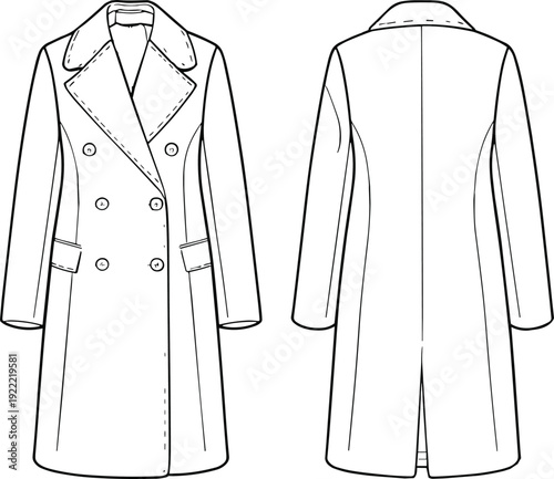 Women Long Double Breasted Coat Technical Fashion Flat Sketch with Wide Lapel Collar Front and Back View Illustration