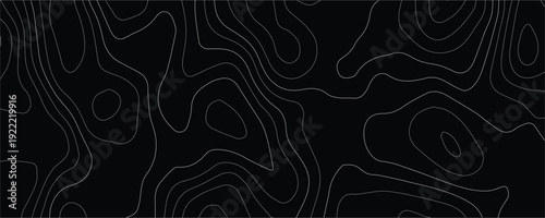 Topographic map background with white contour lines on black terrain for geographic design