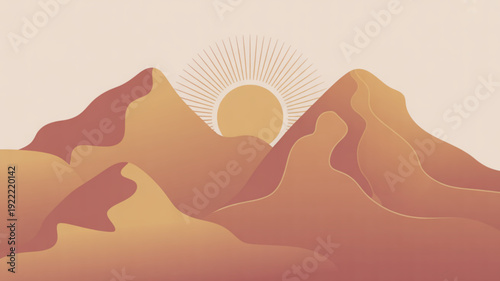 Sunrise over majestic orange and brown mountains with warm beige background