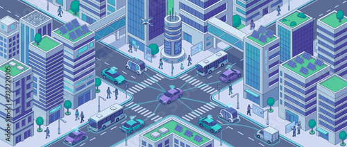 Isometric vector illustration of a futuristic smart city intersection with autonomous connected vehicles, self-driving cars, electric buses, drones, and pedestrians in a high-tech urban environment.